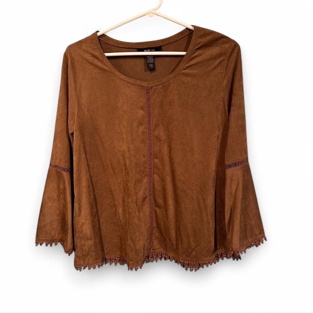 Tan Suede Blouse with Flowy Long Sleeve